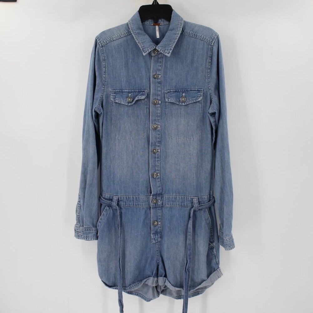 Free People Shortall Romper Women Small Long Sleeve Chambray Button up Waist Tie